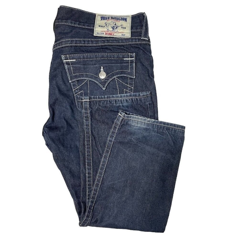 True Religion World Tour‎ Skinny Mens 38x26 Dark Blue Denim Jeans Skinny